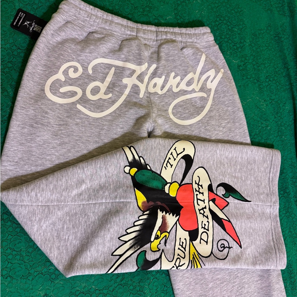Ed Hardy Gray Sweatpants with Bold Graphic